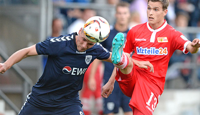 v.l.: Philip Saalbach (SVB), Raffael Korte (Union Berlin),, SV Babelsberg 03 - Union Berlin, Fußball, Testspiel, Regionalliga Nordost, Saison 2015/2016, Potsdam, 02.09.2015, Foto: Jan Kuppert